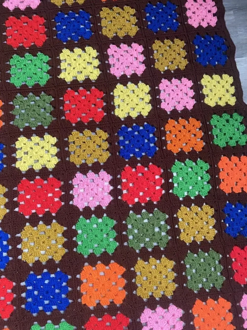 Handmade Crochet Granny Square Afghan Throw Blanket Brown Multicolor grannycore